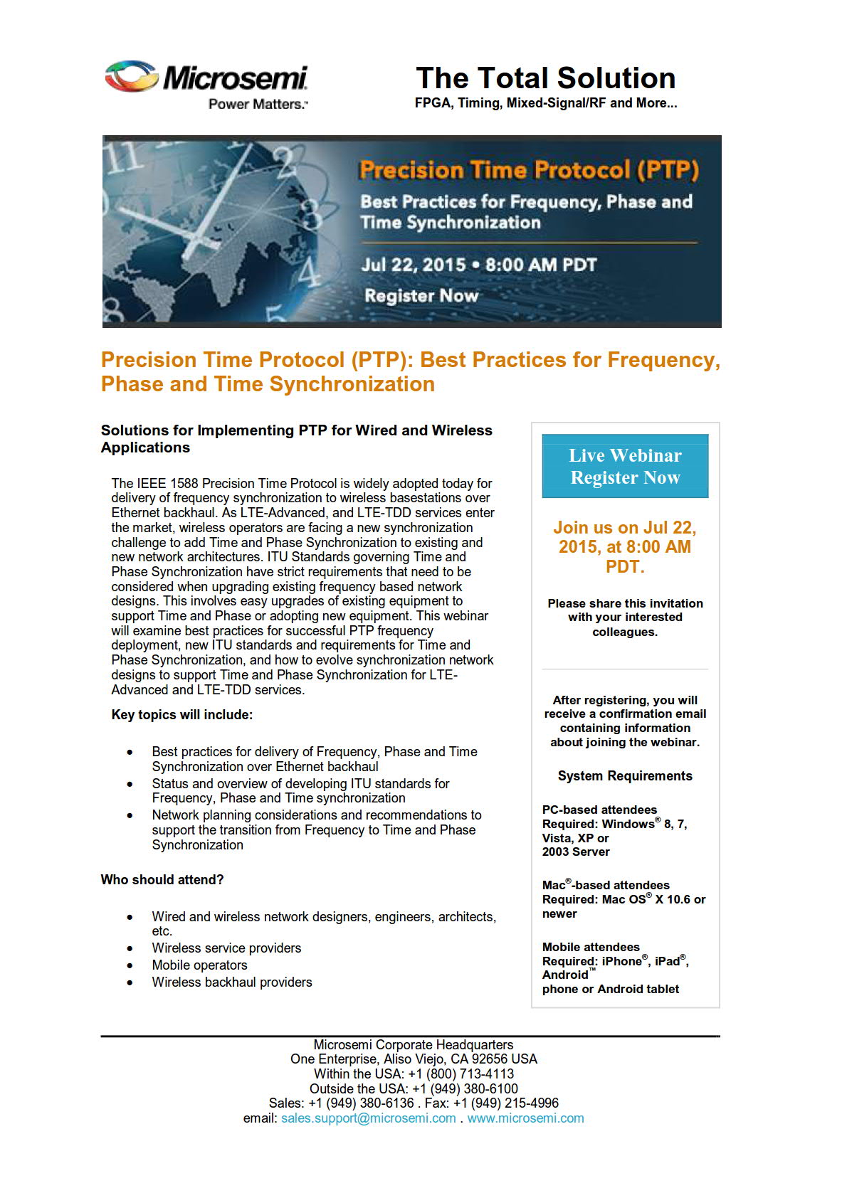 Invitation to Precision Time Protocol (PTP): Best Practices for Frequency, Phase and Time Synchronization, Phase and Time Synchronization